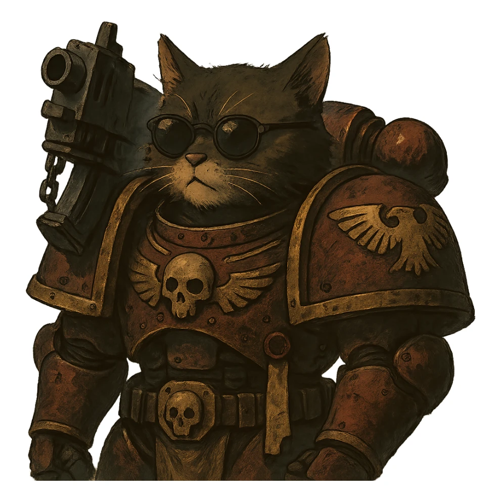 cat in sunglasses, Warhammer 40,000 inspired, dramatic ghibli style illustration sticker