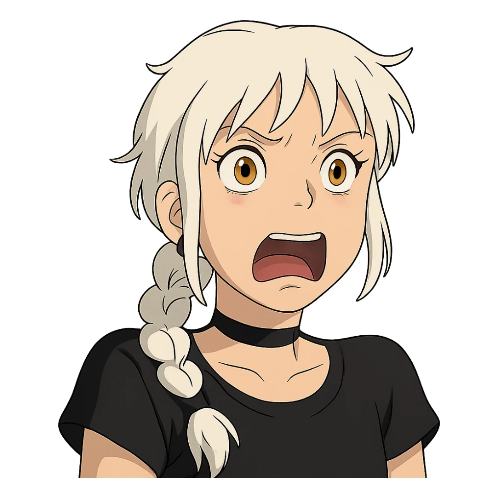 shocked young female with gold yellow eyes, white hair, long braid, punk gothic style, expressive face, black choker sticker