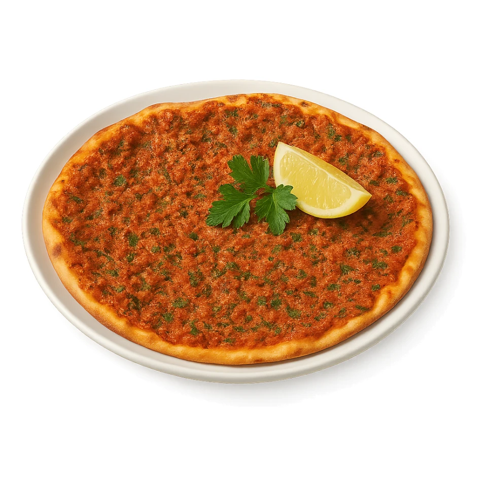 Turkish lahmacun with minced meat and herbs on a plate, clean background sticker