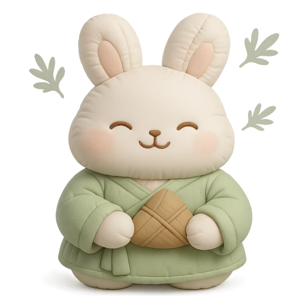 a small rabbit wearing light green Hanfu, holding a light brown zongzi, smiling with eyes closed, with faint mugwort leaves floating in the background, Chinese style, soft color tones, cushion style sticker