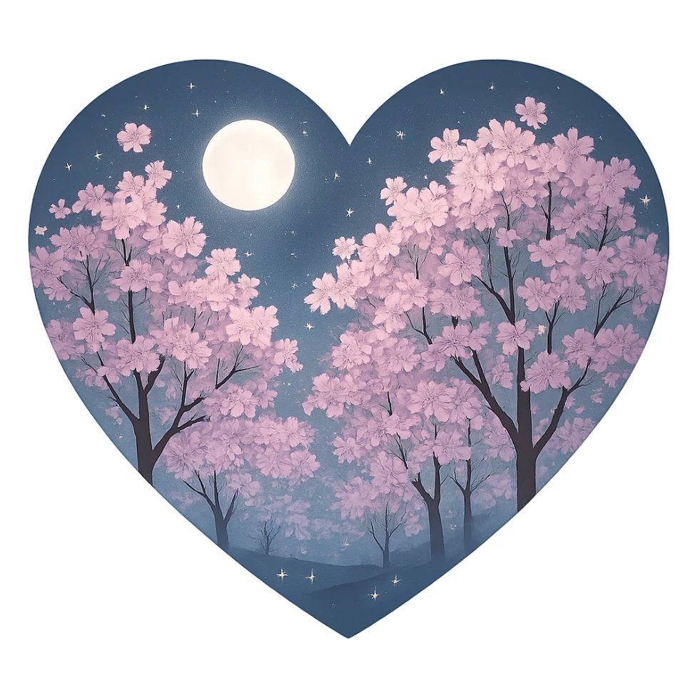 heart with a moonlit cherry blossom grove, clean digital illustration sticker