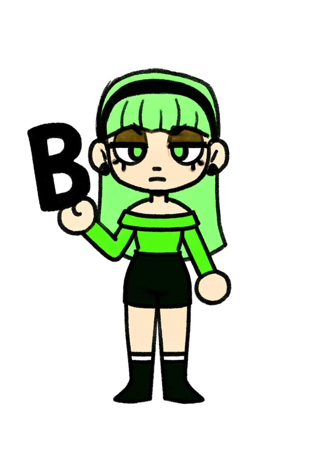 Add a bold black letter B in the character's right hand, keeping the original style and pose intact. Only add the letter, do not change anything else. sticker