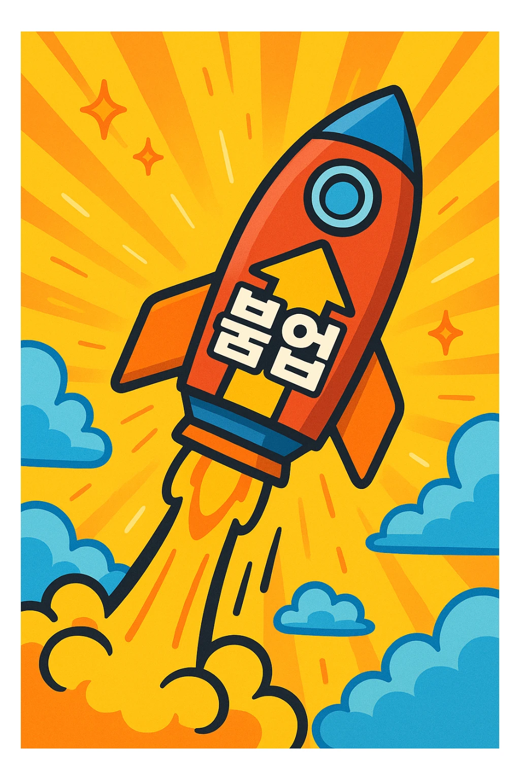 rocket symbolizing '붐업' soaring upwards, energetic ascent, positive atmosphere sticker
