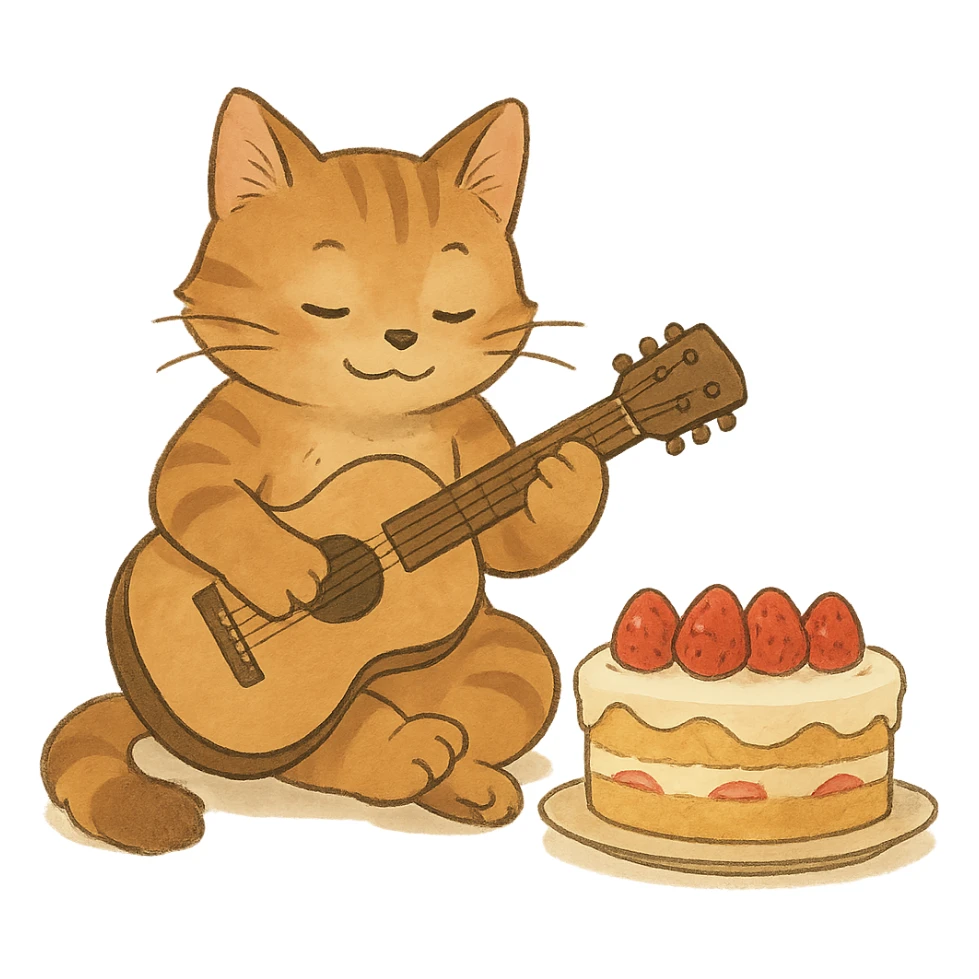 cat playing guitar next to a cake, soft Ghibli style sticker