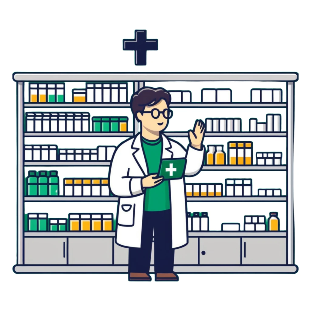 pharmacy shelves, pharmacist, dark green cross sign sticker
