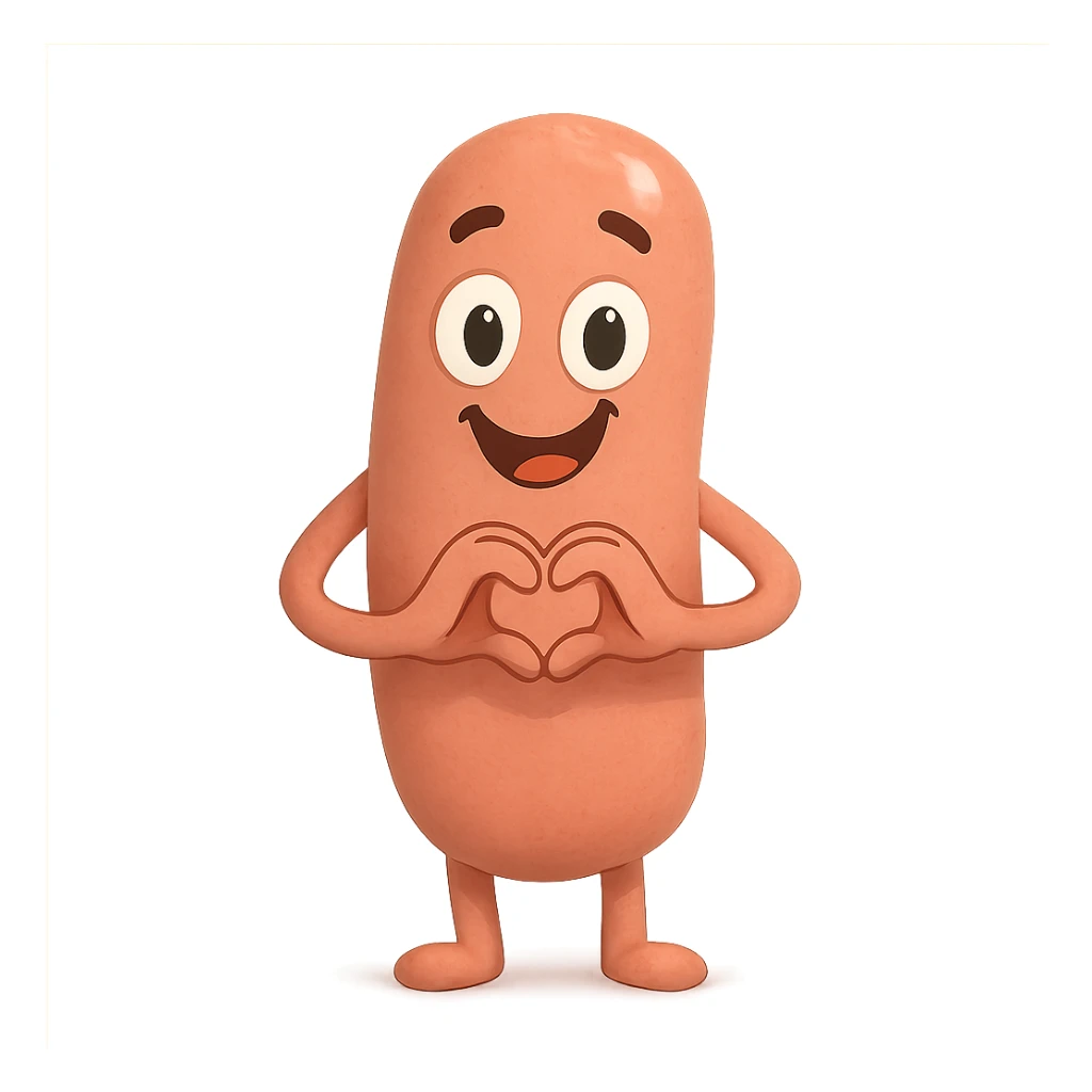 a smiling sausage-shaped humanoid with a pinkish-orange body, simple arms and legs, big eyes, and a happy smile, forming a heart with its hands sticker
