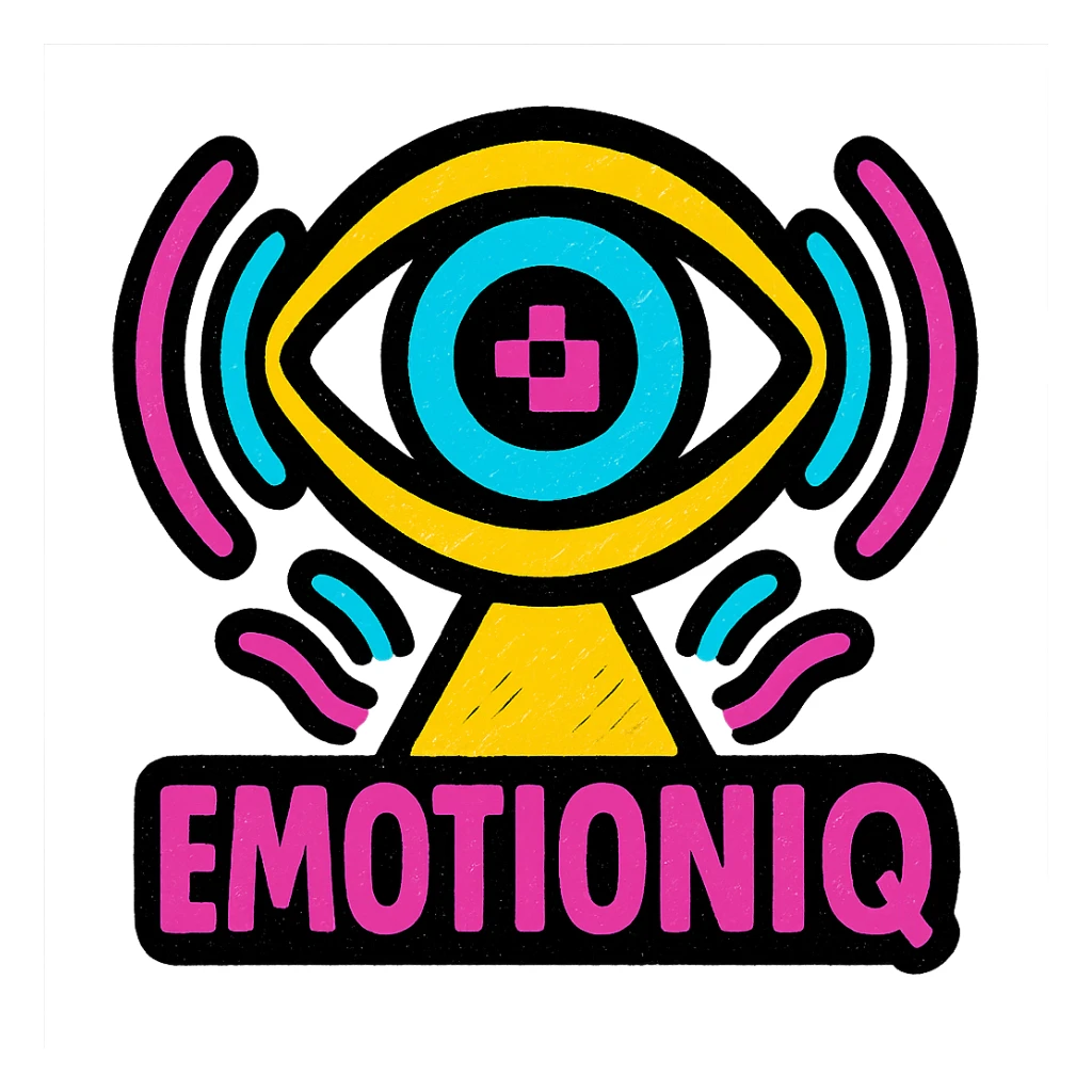 emblem for EmotionIQ: an abstract eye with a digital iris, radiating colorful waves, representing AI analyzing human emotions, futuristic minimal style sticker