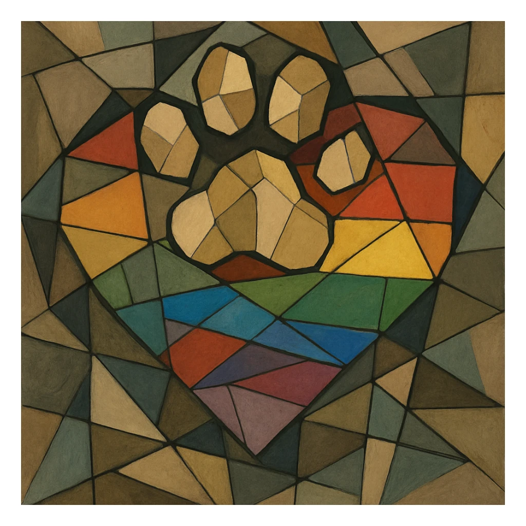 rainbow pride heart with a paw print on top, cubist abstraction style, no text sticker