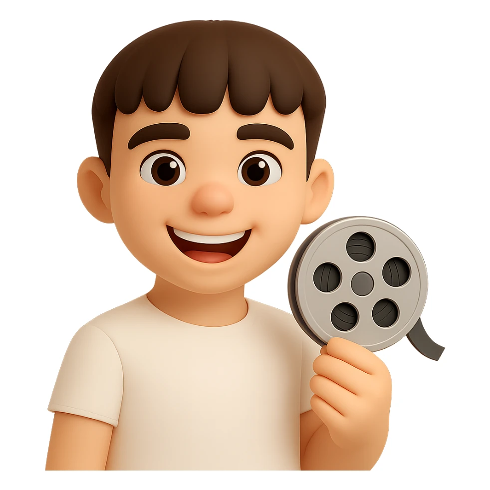 Make the character look happier and with a lighter skin tone, keeping the same 3D cartoon style. Keep the film reel and white shirt. Preserve the transparent background. sticker