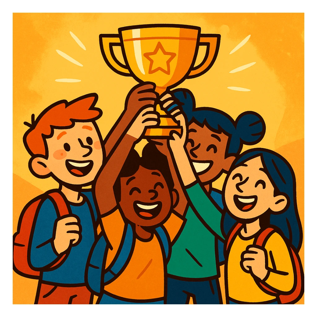 four students in a warm atmosphere lifting a trophy, expressive illustration style, bright colors sticker