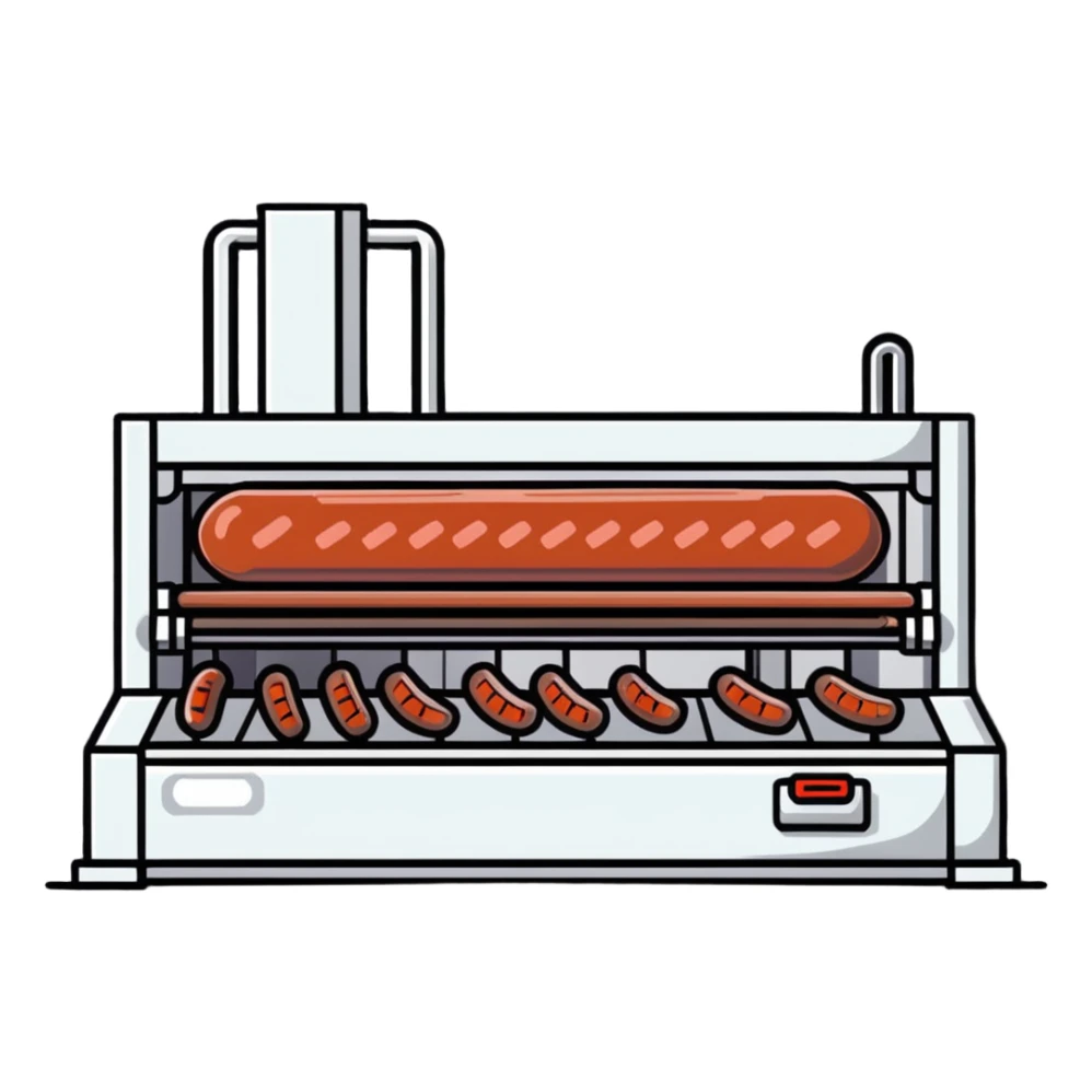 food factory making sausages with production line sticker