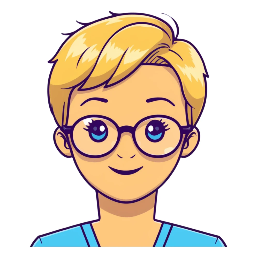 blonde teacher with pixie haircut, gold glasses, blue eyes, big eyelashes, nice smile sticker