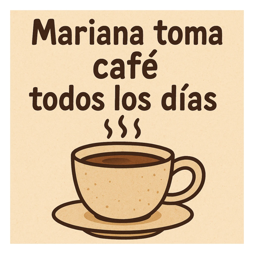 a general style illustration of a coffee cup with the phrase 'mariana toma café todos los días' with legible text sticker
