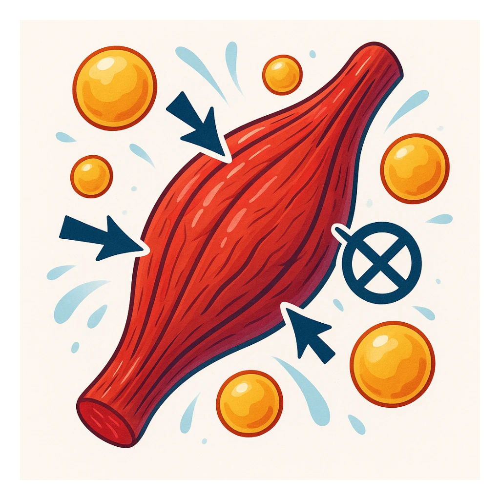 muscles with very low oxidative capacity, fat molecules around struggling to enter the muscle, modern illustrative style inspired by DALL·E 3, vivid and contrasting colors, realistic and creative details, arrows or symbols showing difficulty of entry, clean atmosphere, white background sticker