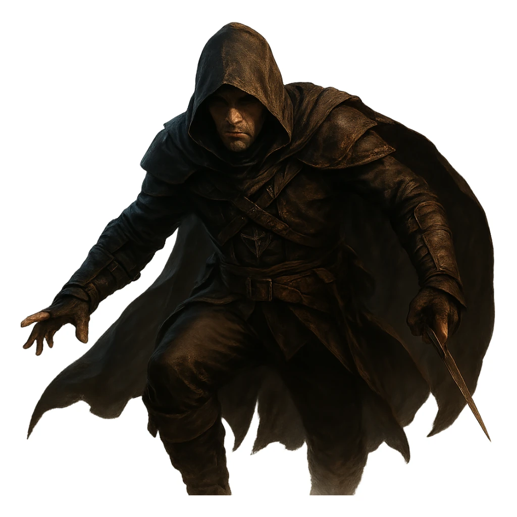 a man wearing assassin's clothing, mysterious hood, stealthy, dramatic pose, fantasy style, detailed, cinematic lighting sticker