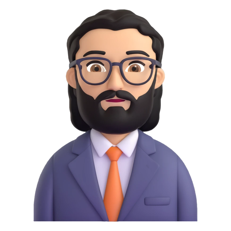 man with medium black beard, black hair, connected unibrow, olive tan skin, brown eyes, glasses, wearing a professional business suit sticker