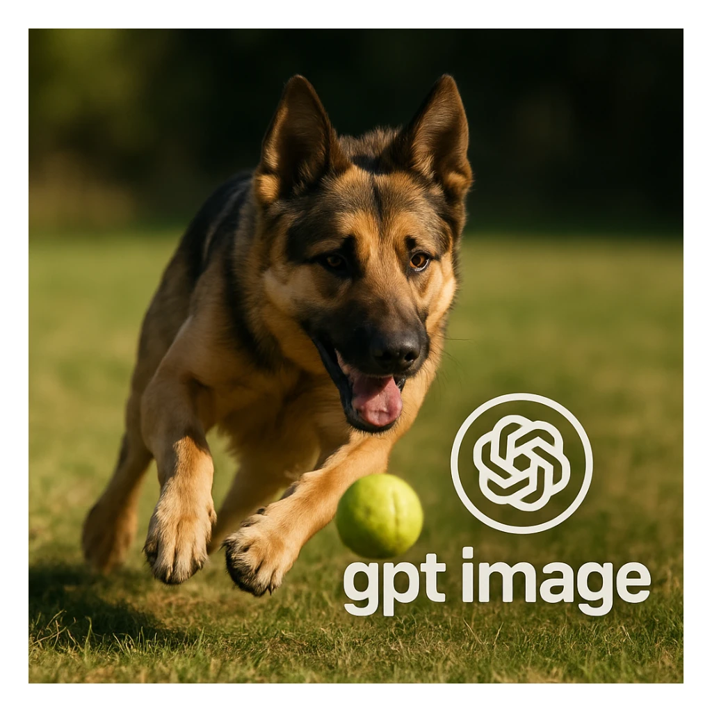  logo with text "gpt image" on the background of a dog chasing ball, realistic image sticker