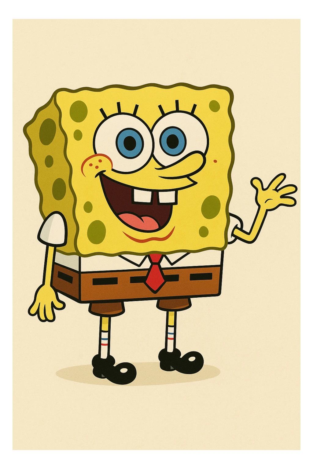 SpongeBob SquarePants, cartoon style, cheerful, yellow sponge, big blue eyes, white shirt, red tie, brown shorts sticker
