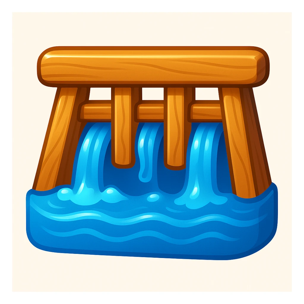 old wood dam with canal water, 3D emoji style sticker