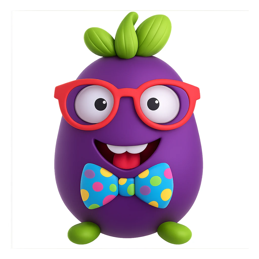 Add a colorful bow tie to the eggplant with nerdy glasses and goofy teeth, keep the background transparent. Maintain the original style and transparent background. sticker