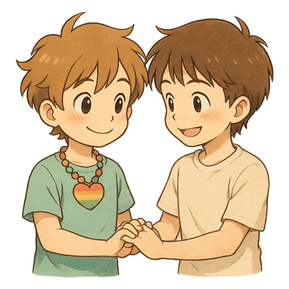 Anime boy holding hands with another boy, both smiling, heart-shaped rainbow necklace, blushing, cute and friendly expression, no background, detailed anime style with soft shading and warm colors. sticker