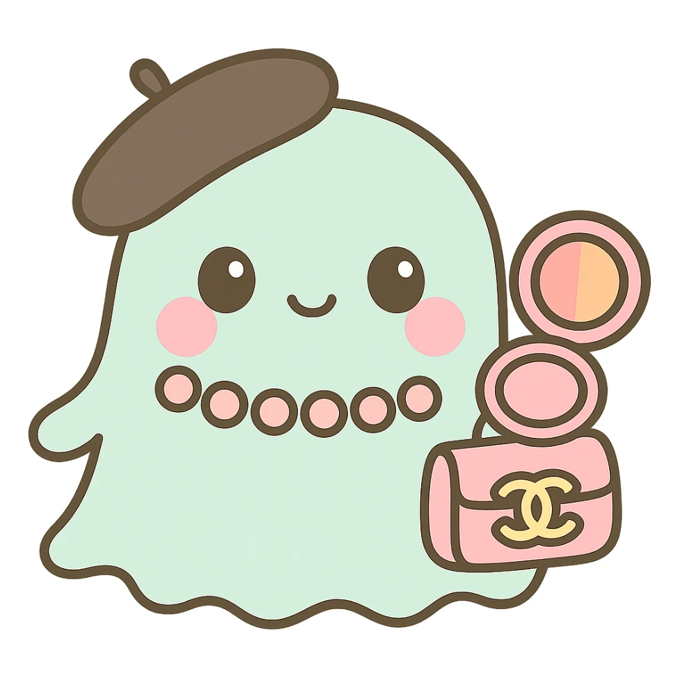 Move the blush compact to the ghost's other hand. Make the blush inside the compact half pink and half orange. Keep the black beret and pink Chanel purse. Kawaii style with no background. sticker