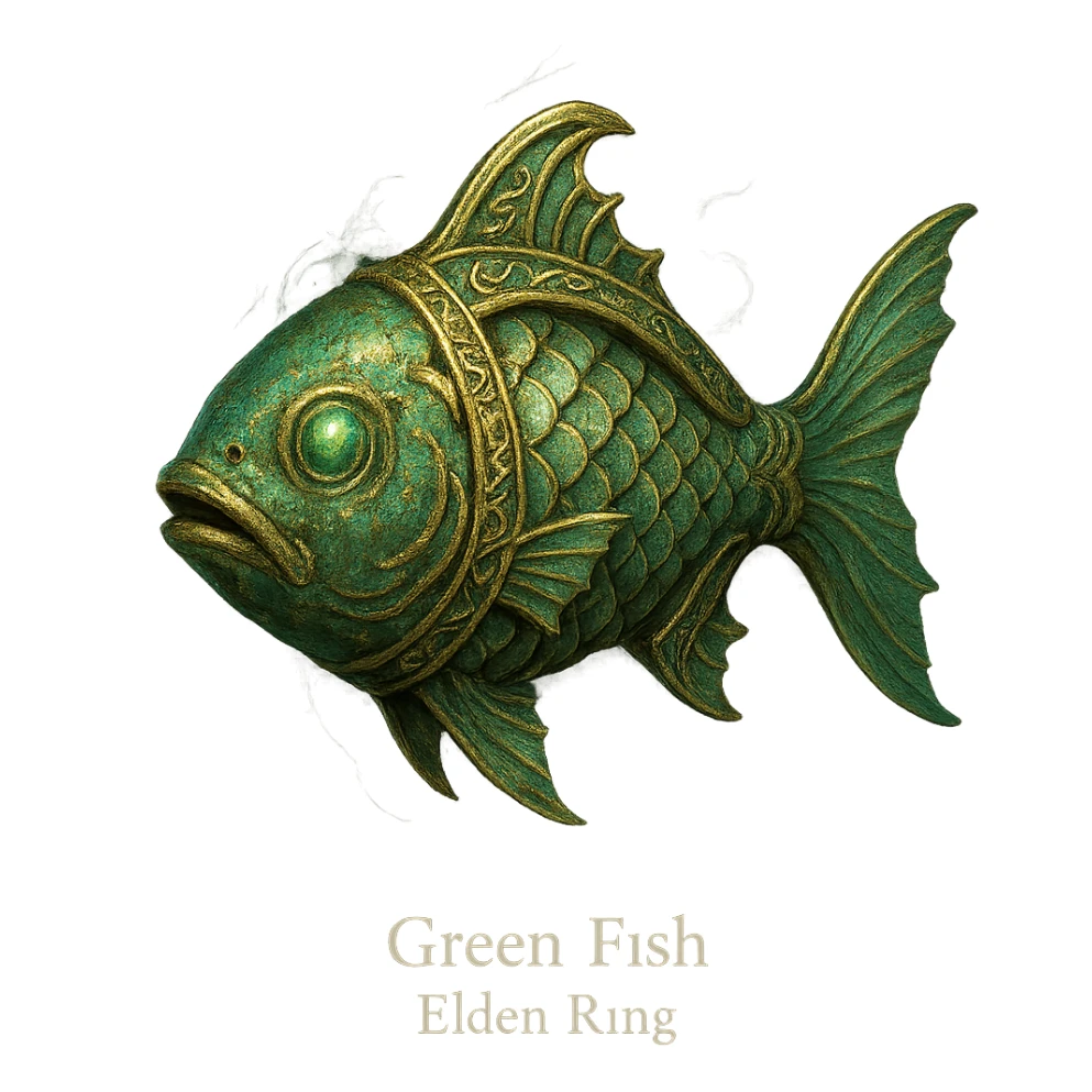 Elden Ring talisman, Green Fish, detailed fantasy accessory, ornate, mystical, inspired by in-game item sticker