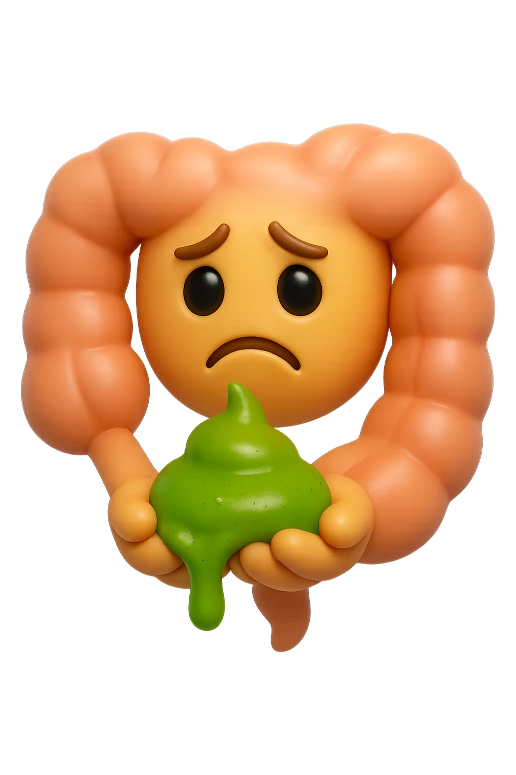 emoji stile iphone 3d di un intestino con espressione triste con cacca verde e liquida in mano , iperrealistiche 4k sticker
