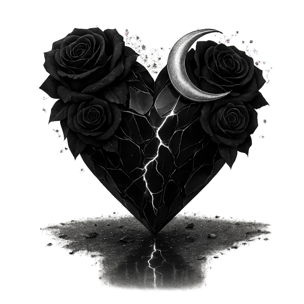 Edit the gothic heart to be formed from splintered deep black glass, silver crescent moon, black roses, sparkling holographic stardust, neon lightning, and a wet, reflective surface. Keep the background transparent. sticker