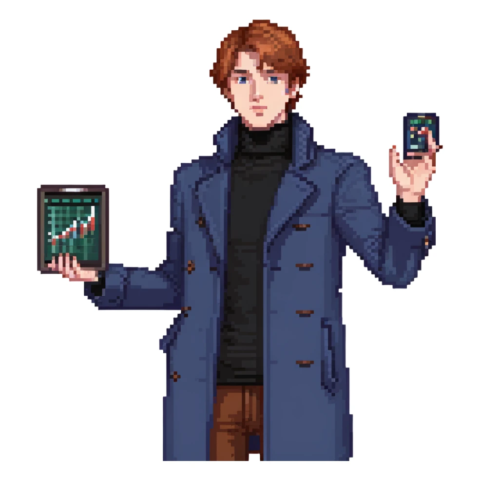 Flat pixel art, bold and charismatic male leader, Caucasian, short auburn hair, sharp eyes, wearing indigo coat over black turtleneck, one arm raised giving direction, holding tablet with graphs, waist-up, front-facing sticker