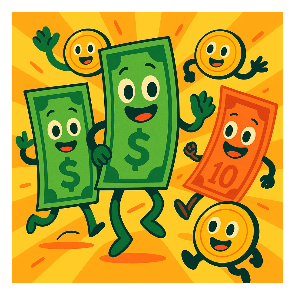 money, playful cartoon style, colorful, lively sticker