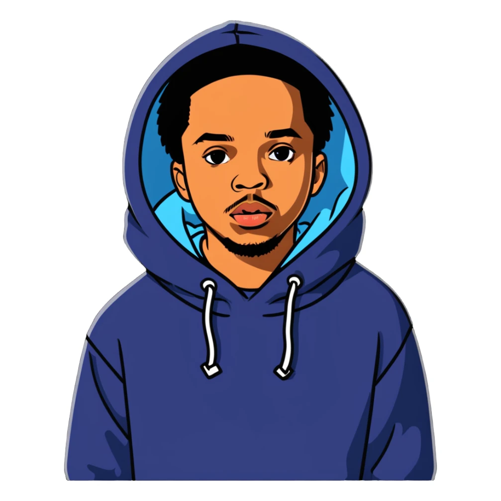 Earl Sweatshirt with hoodie and his distinctive look sticker