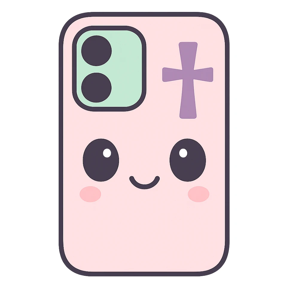 Make the white and black gothic kawaii phone case more minimal, reduce details, keep only one or two simple gothic symbols, big eyes, smiling, playful, cartoonish, no purse references, with no background. sticker