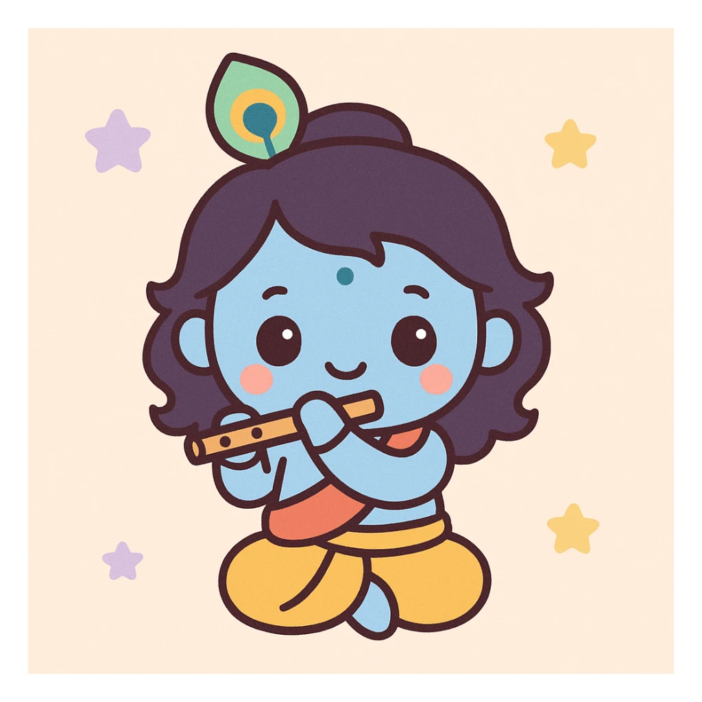 Krishna, the Hindu deity, with blue skin, peacock feather crown, gentle smile, in Kawaii style, cute and vibrant sticker