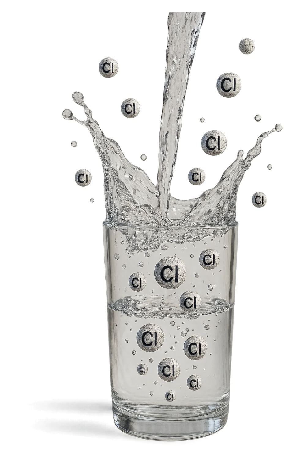 un bicchiere di acqua cade verticalmente dall'alto realistico e dettagliato, dentro l'acqua del bicchiere ci sono particelle di cloro ben visibili con la scritta "Cl" sopra, ci sono particelle anche che escono dal bicchiere e fluttuano in aria verticalmente, mentre alcune sono all'interno dell'acqua nel bicchiere, iperrealistico 4k sticker