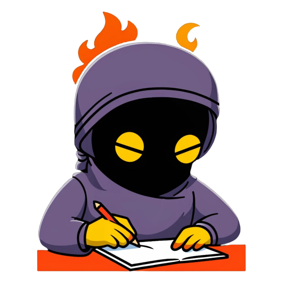 Man writing and on fire with band on his head and star eye sticker