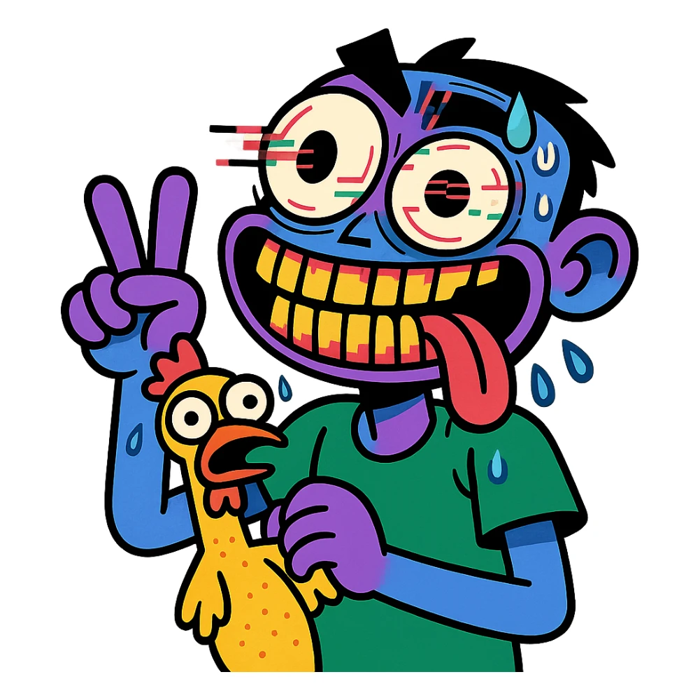 bulging eyes, unhinged grin, too many teeth, one eyeball twitching, tongue out sideways, sweating, glitching, peace sign, holding cursed rubber chicken sticker