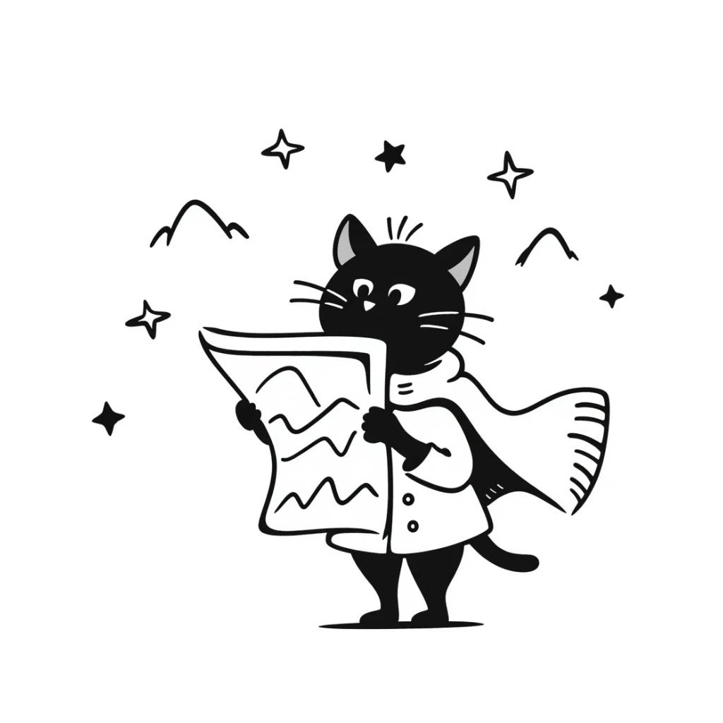 Adventurous cat explorer studying a map, mountains and stars in background, light clothing and cloak flowing in the wind, looking thoughtfully into the distance sticker
