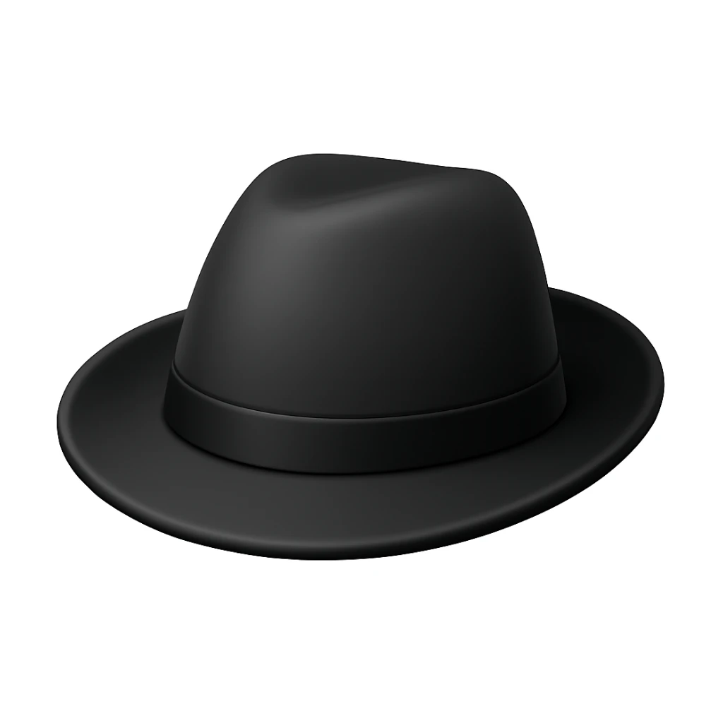 Make a black hat emoji exactly like the reference image, in iOS emoji style. Same shape, color, and texture, smooth and shiny. Add a subtle highlight. The style should resemble iOS emoji style. sticker