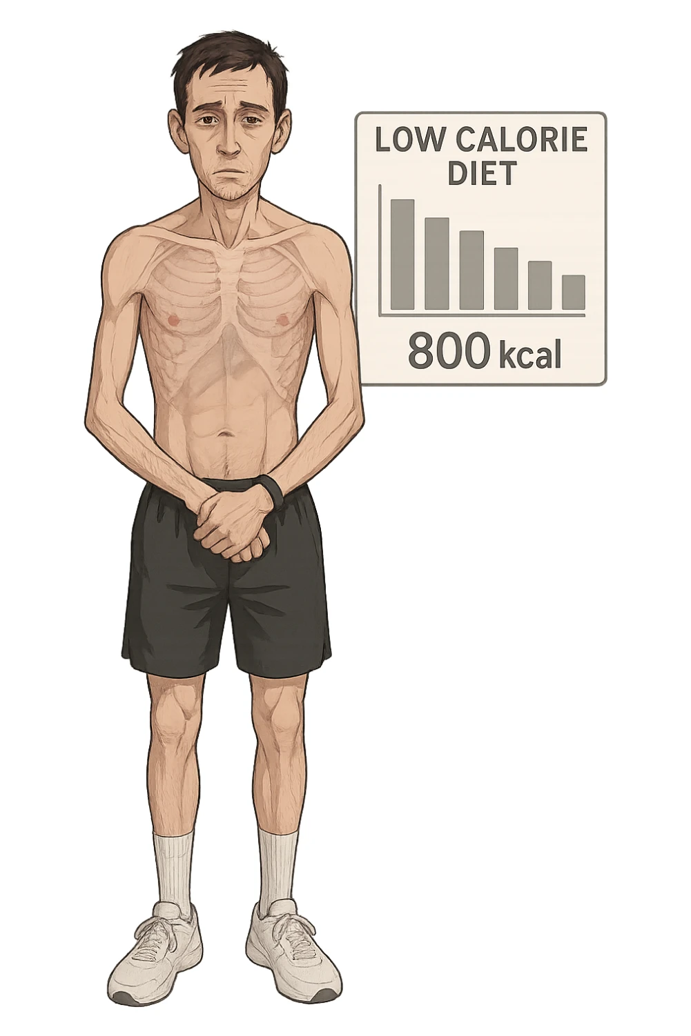 a lean man stands in a clinical setting, with a semi-transparent overlay showing reduced muscle mass and minimal fat stores. His expression is slightly fatigued, and a digital chart beside him displays a low daily calorie intake. The background is clean and modern, emphasizing the effects of a low-calorie diet. sticker