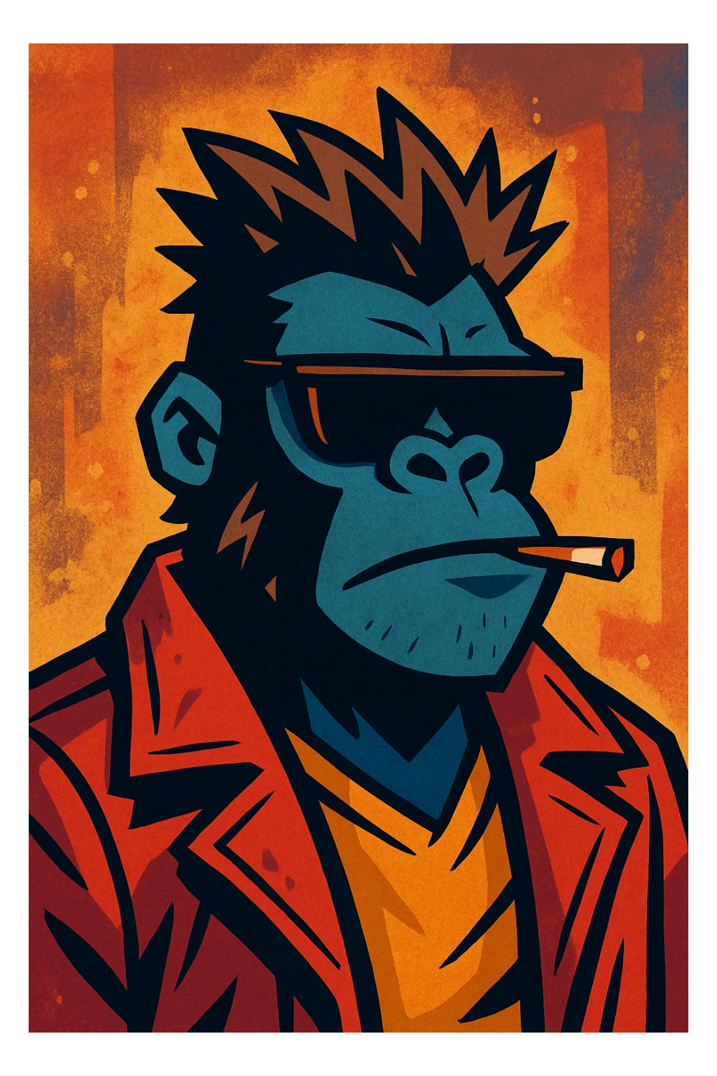 A gorilla styled like Tyler Durden from Fight Club, with a rebellious attitude, spiky hair, red leather jacket, and sunglasses, in a gritty, cinematic illustration. sticker