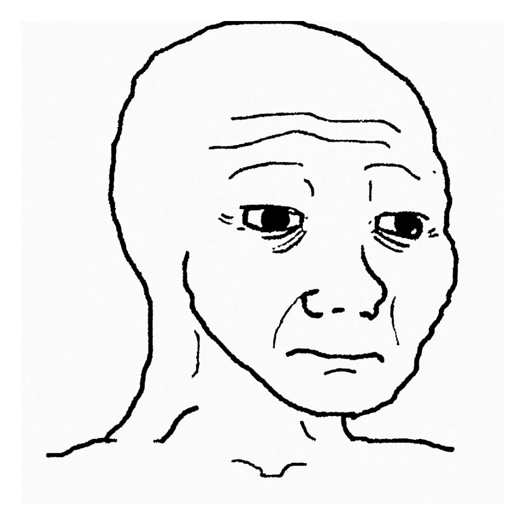 Wojak meme face, sad expression, single tear, simple line art sticker