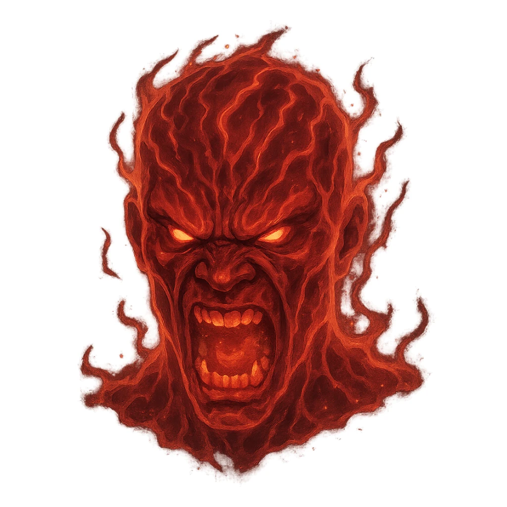 red, angry, plasma-like humanoid monster face, no horns, scary, glowing sticker