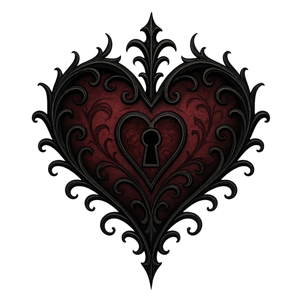 gothic style heart with a keyhole, black and crimson colors, gothic aesthetic, transparent background sticker