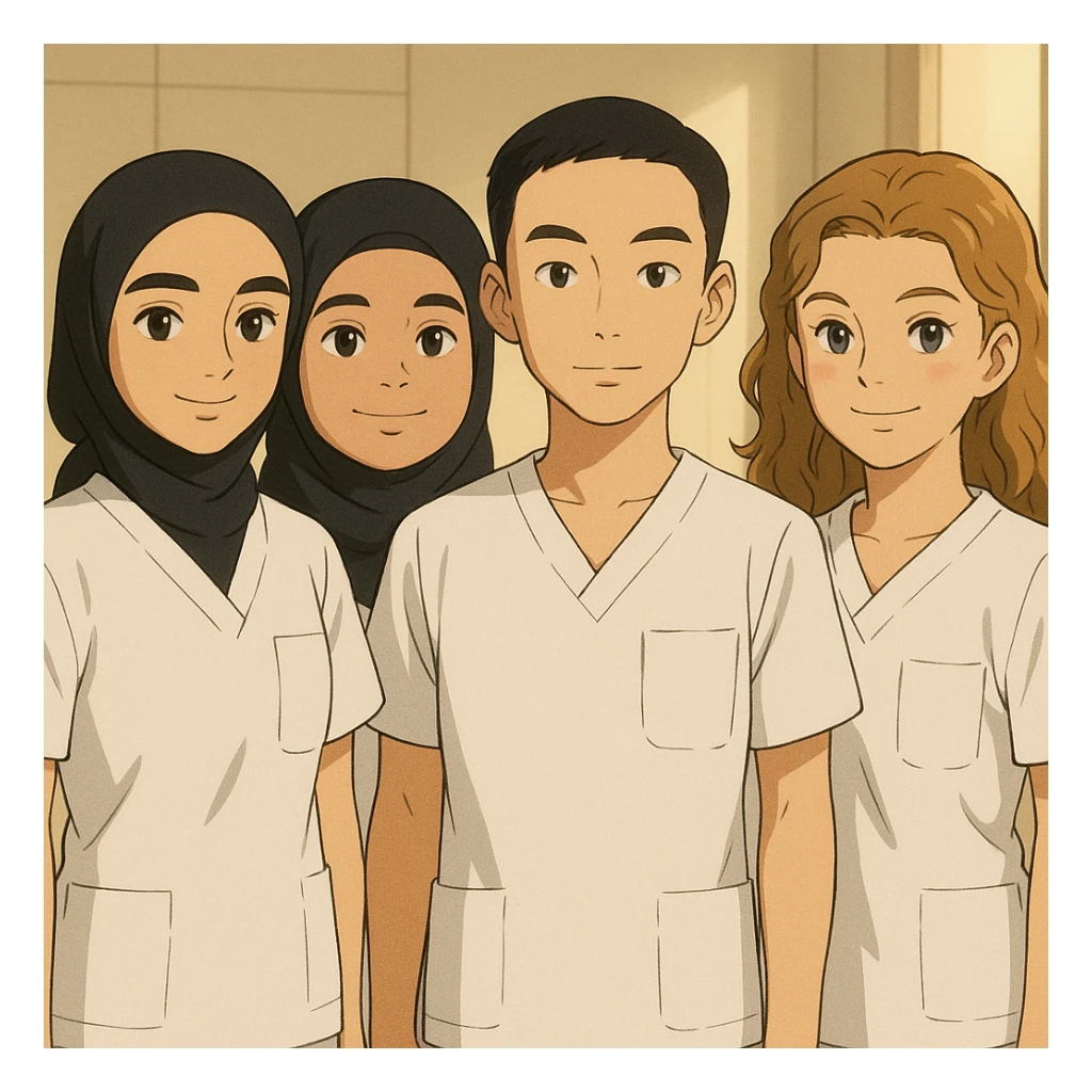 Four nursing students standing side by side indoors, each wearing a white short-sleeved uniform with a V-neck medical tunic, left chest pocket, no collar stand, no stethoscope, nothing protruding from the short sleeves, bright ambiance, no feet visible, in Ghibli style. sticker