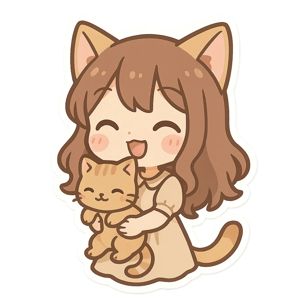 chibi stickers style cat girl holding a kitten, playful and cute sticker