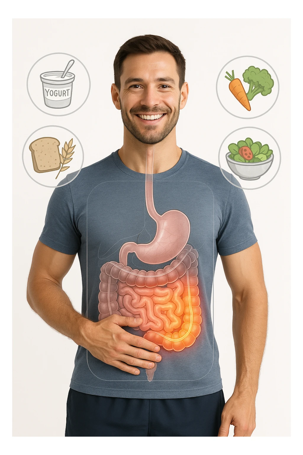 a fit, smiling man stands confidently with one hand on his abdomen. A transparent overlay reveals a healthy, detailed digestive tract with a glowing, vibrant intestine. Around him, icons of healthy foods like yogurt, vegetables, and whole grains float, symbolizing good gut health. The background is clean and bright, with an educational mood. sticker
