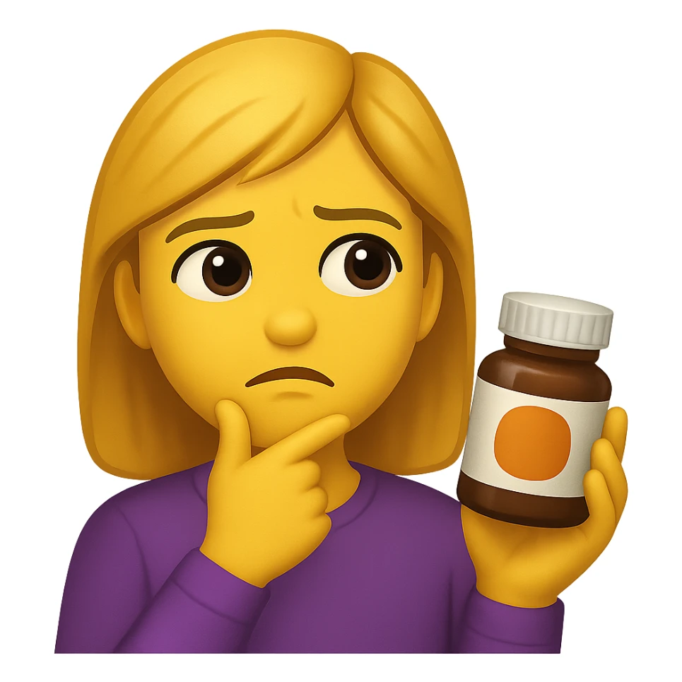 DONNA STILE EMOJI IPHONE DI UNA DONNA CON BOCCETTA DI INTEGRATORE IN MANO ED ESPRESSIONE DUBBIOSA, 4K sticker