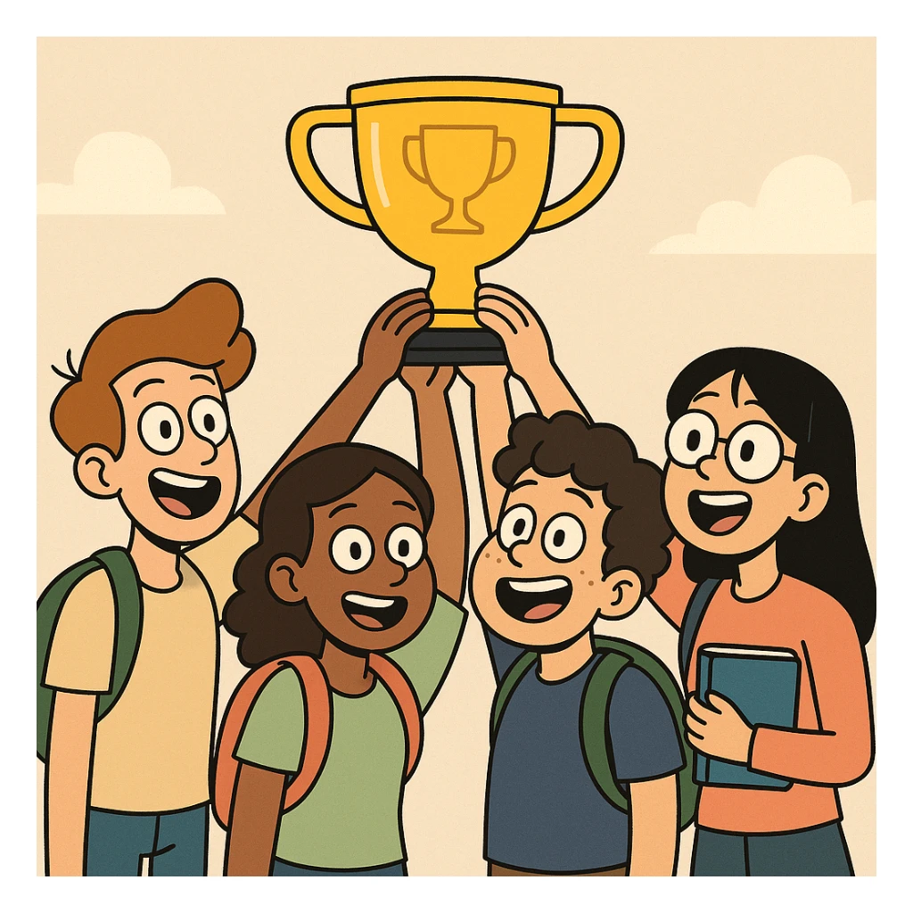 quatre jeunes étudiants, diversité visible, lèvent un trophée au-dessus de leur tête, style flat design, couleurs vives sticker