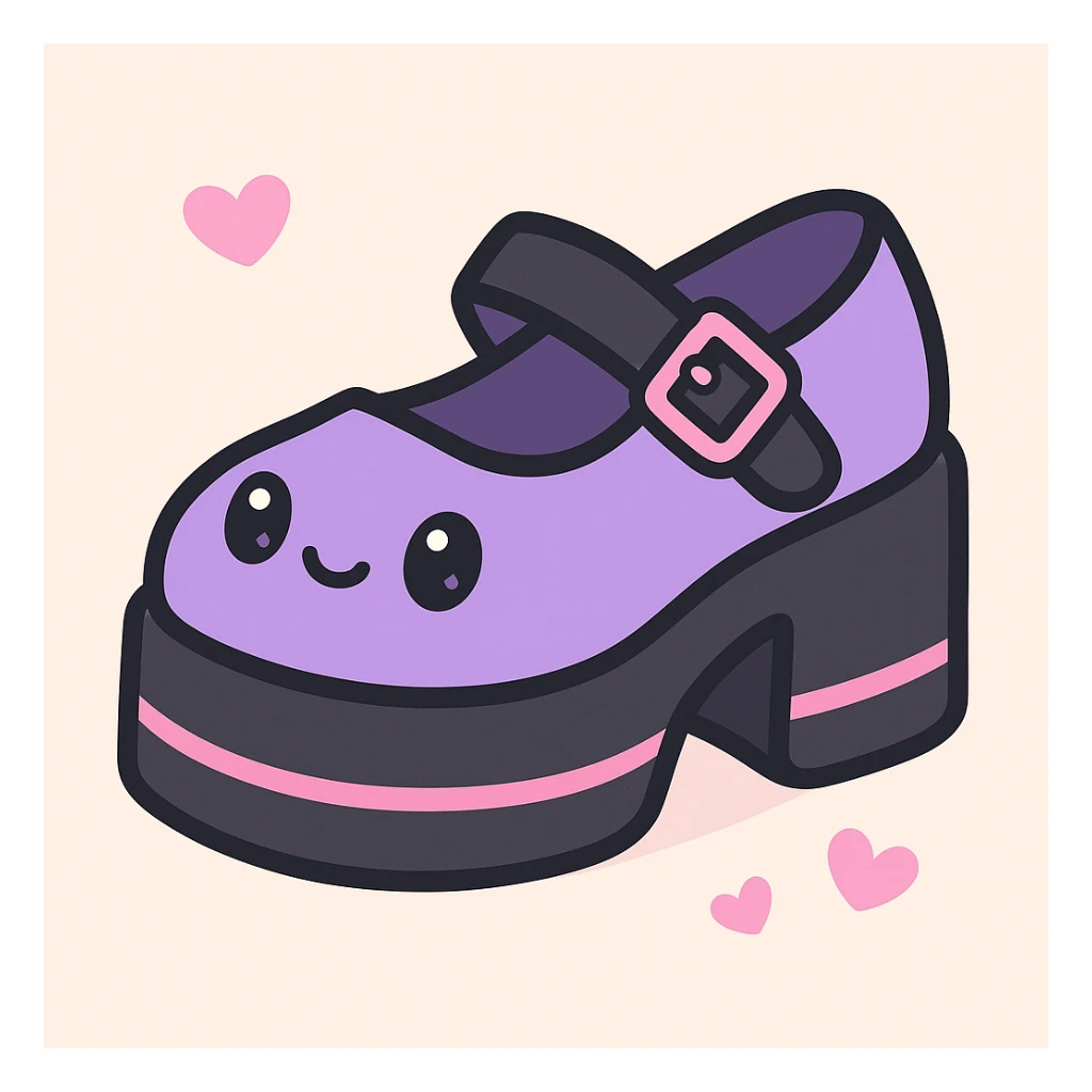 Make the BLACKPINK-inspired gothic shoes primarily purple with black and pink accents, cute and stylish, kawaii style, no socks, no hearts. sticker